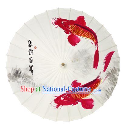 Chinese Handmade Paper Umbrella Folk Dance Printing Red Fishes Oil-paper Umbrella Yangko Umbrella