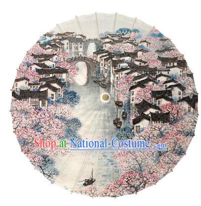 Chinese Handmade Paper Umbrella Folk Dance Painting Jiangnan Watertown Scenery Oil-paper Umbrella Yangko Umbrella