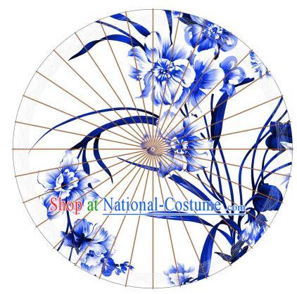 Chinese Traditional Paper Umbrella Folk Dance Painting Blue Orchid Oil-paper Umbrella Handmade Umbrella