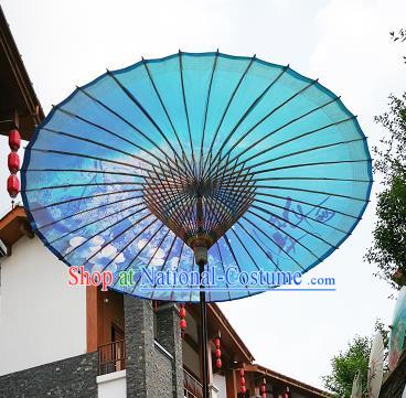 Chinese Traditional Artware Paper Umbrella Folk Dance Painting Peach Blossom Blue Oil-paper Umbrella Handmade Umbrella