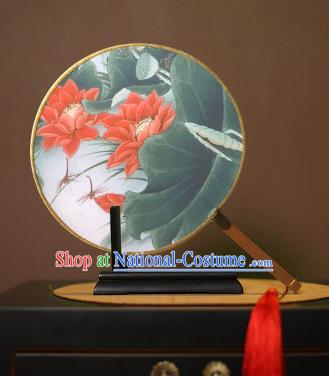 Chinese Traditional Circular Fans Handmade Printing Red Lotus Round Fan China Ancient Palace Dance Fans