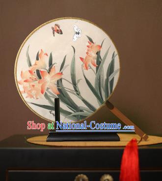 Chinese Traditional Circular Fans Handmade Printing Orchid Round Fan China Ancient Palace Dance Fans