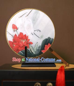 Chinese Traditional Circular Fans Handmade Printing Lotus Egret Round Fan China Ancient Palace Dance Fans