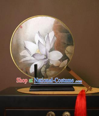 Chinese Traditional Circular Fans Handmade Printing White Lotus Round Fan China Ancient Palace Dance Fans