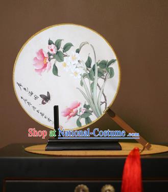 Chinese Traditional Circular Fans Handmade Printing Butterfly Flowers Round Fan China Ancient Palace Dance Fans