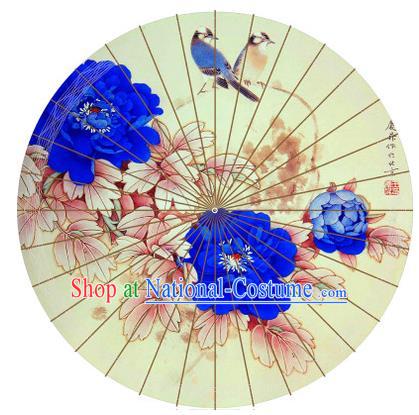 Chinese Traditional Artware Paper Umbrella Classical Dance Printing Blue Peony Oil-paper Umbrella Handmade Umbrella