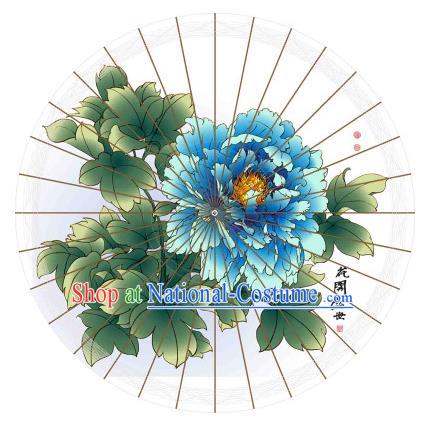 Chinese Traditional Artware Printing Blue Peony Paper Umbrella Classical Dance Oil-paper Umbrella Handmade Umbrella