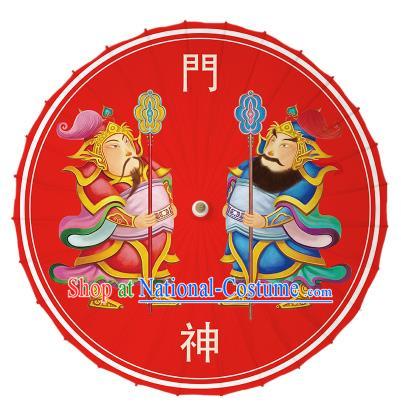 Chinese Traditional Artware Printing Door-god Umbrella Classical Dance Red Oil-paper Umbrella Handmade Umbrella