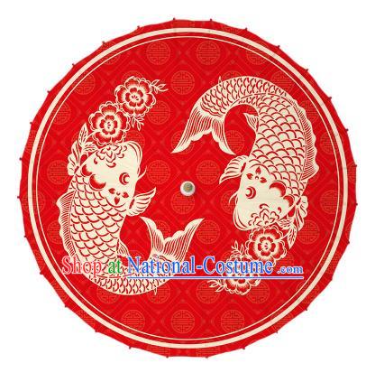 Chinese Traditional Artware Printing Carps Umbrella Classical Dance Red Oil-paper Umbrella Handmade Umbrella