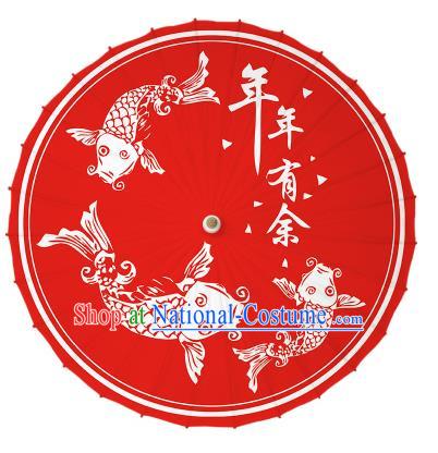 Chinese Traditional Artware Printing Fishes Umbrella Classical Dance Red Oil-paper Umbrella Handmade Umbrella