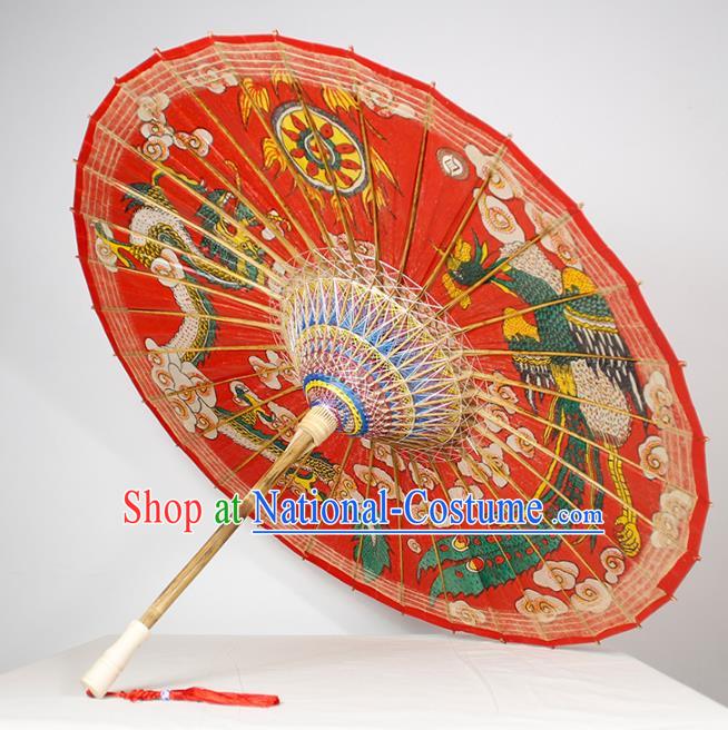 Chinese Traditional Artware Wedding Red Paper Umbrella Printing Dragon and Phoenix Oil-paper Umbrella Handmade Umbrella