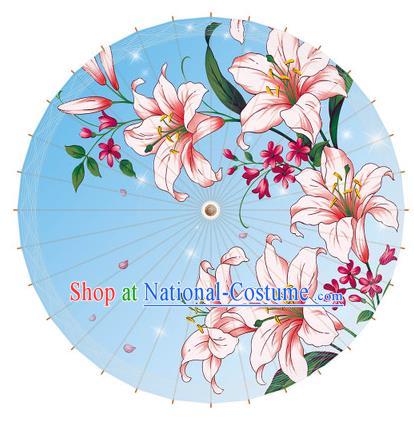 Chinese Traditional Artware Paper Umbrella Printing Greenish Lily Flower Blue Oil-paper Umbrella Handmade Umbrella