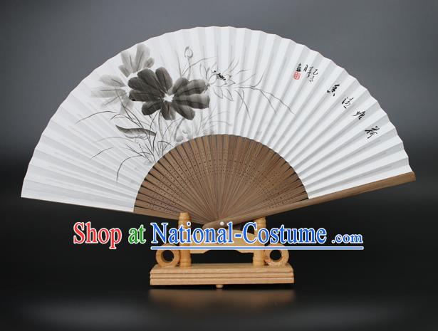 Chinese Traditional Artware Handmade Folding Fans Ink Painting Lotus Paper Fans