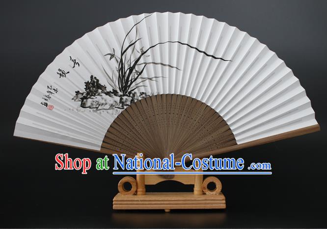 Chinese Traditional Artware Handmade Folding Fans Ink Painting Orchid Paper Fans