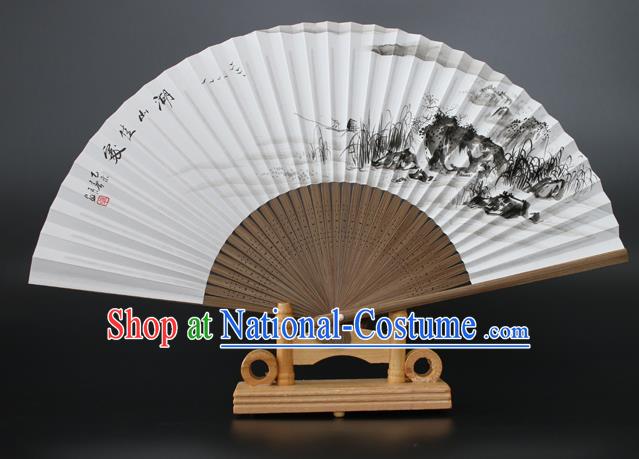 Chinese Traditional Artware Handmade Folding Fans Ink Painting Lake View Paper Fans