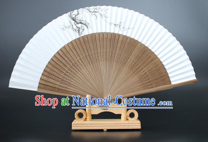 Chinese Traditional Artware Handmade Sandalwood Folding Fans Ink Painting Plum Blossom Paper Fans