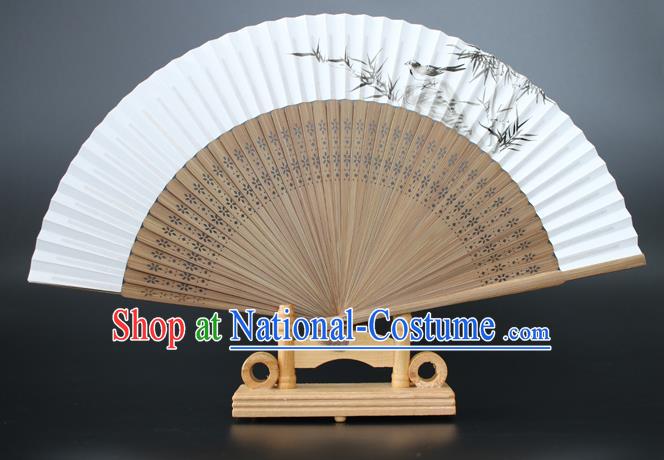 Chinese Traditional Artware Handmade Sandalwood Folding Fans Ink Painting Bamboo Paper Fans