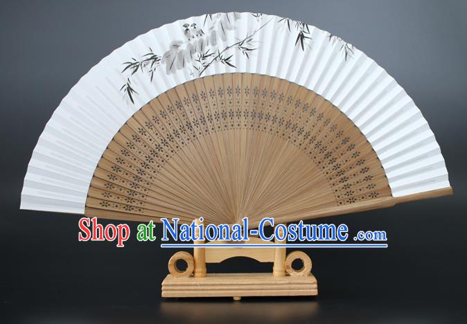 Chinese Traditional Artware Handmade Sandalwood Folding Fans Ink Painting Bamboo Leaf Paper Fans