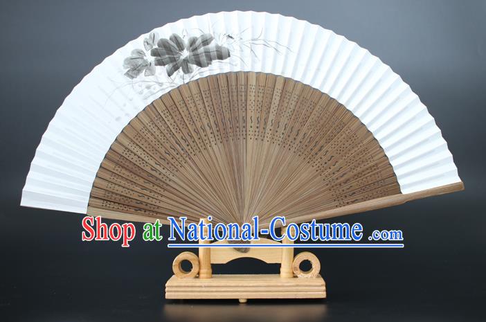 Chinese Traditional Artware Handmade Sandalwood Folding Fans Ink Painting Lotus Paper Fans