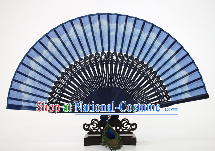 Chinese Traditional Artware Handmade Folding Fans Blue Silk Accordion Fans