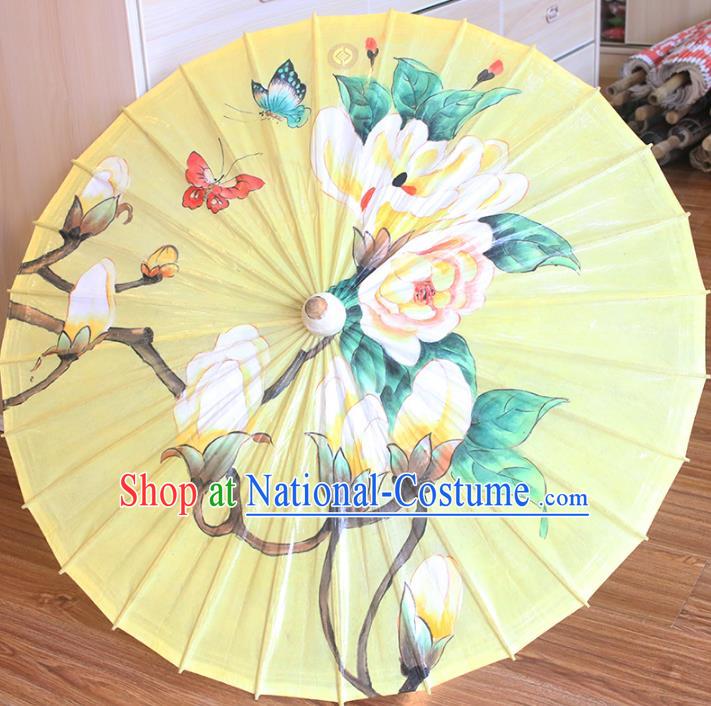 Chinese Traditional Artware Dance Umbrella Printing Mangnolia Yellow Paper Umbrellas Oil-paper Umbrella Handmade Umbrella