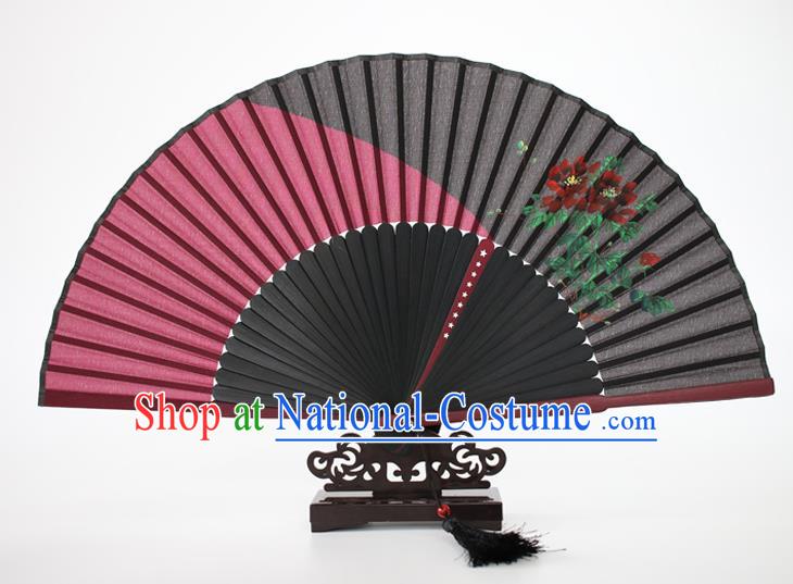 Chinese Traditional Artware Handmade Folding Fans Rosy Silk Fans Printing Flowers Accordion