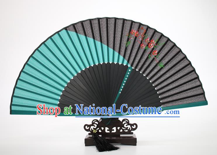 Chinese Traditional Artware Handmade Folding Fans Green Silk Fans Printing Flowers Accordion