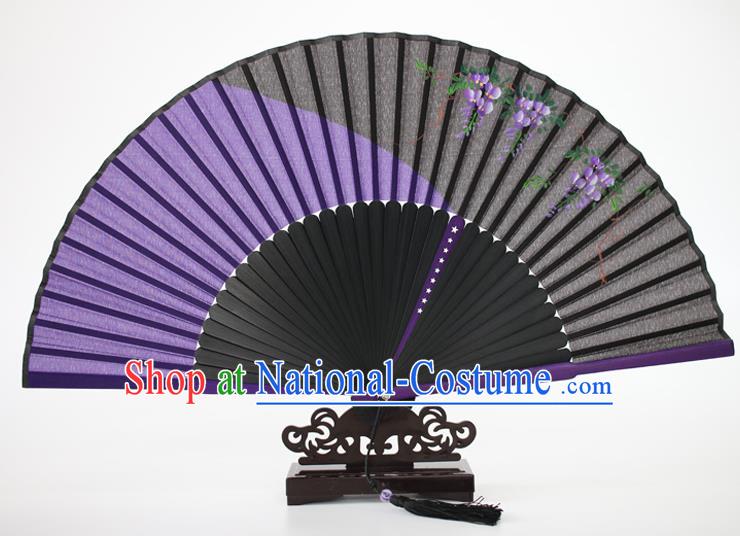 Chinese Traditional Artware Handmade Folding Fans Purple Silk Fans Printing Flowers Accordion