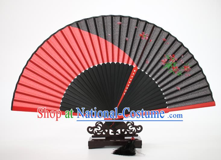 Chinese Traditional Artware Handmade Folding Fans Red Silk Fans Printing Flowers Accordion