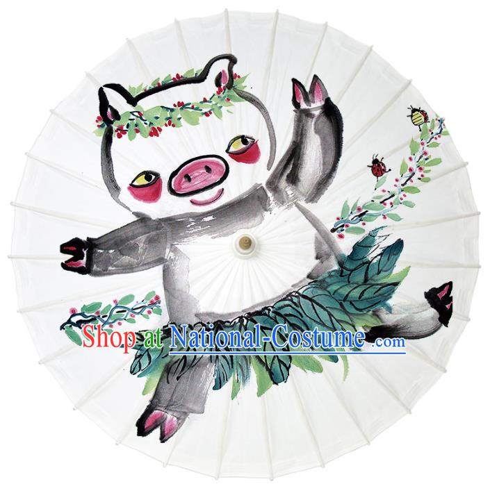 Chinese Traditional Artware Dance Umbrella Ink Painting Pig Paper Umbrellas Oil-paper Umbrella Handmade Umbrella