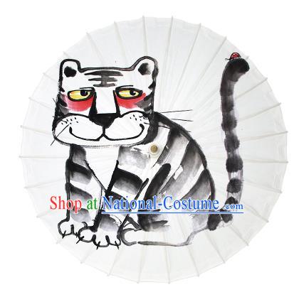 Chinese Traditional Artware Dance Umbrella Ink Painting Tiger Paper Umbrellas Oil-paper Umbrella Handmade Umbrella