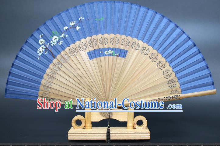 Chinese Traditional Artware Handmade Folding Fans Printing Plum Blossom Blue Silk Fans Accordion