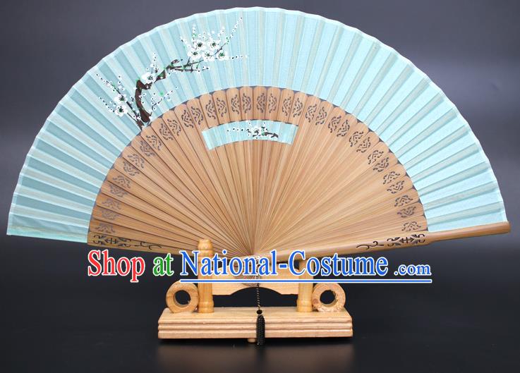 Chinese Traditional Artware Handmade Folding Fans Printing Plum Blossom Green Silk Fans Accordion