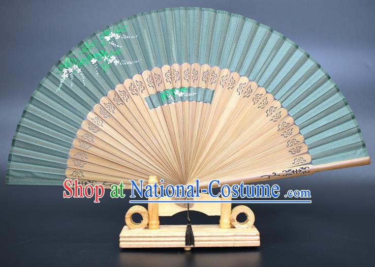 Chinese Traditional Artware Handmade Folding Fans Printing Wisteria Green Silk Fans Accordion