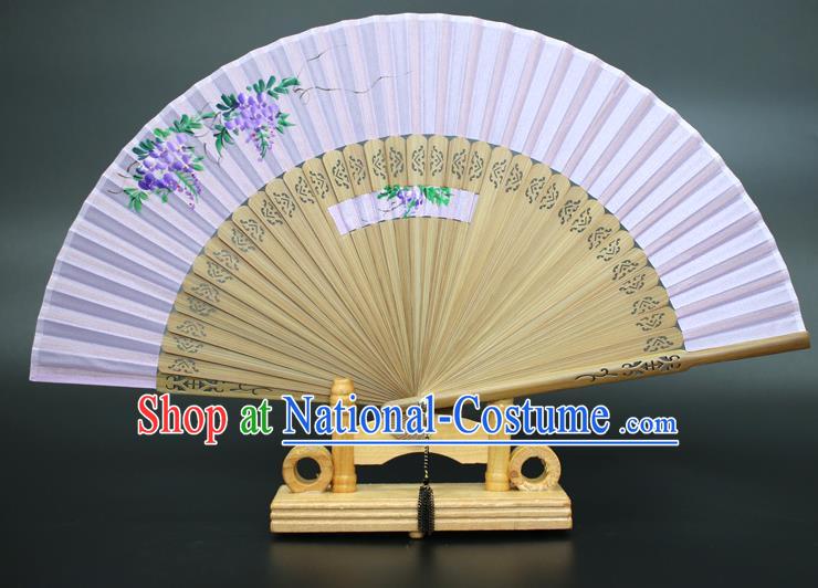 Chinese Traditional Artware Handmade Folding Fans Printing Wisteria Purple Silk Fans Accordion