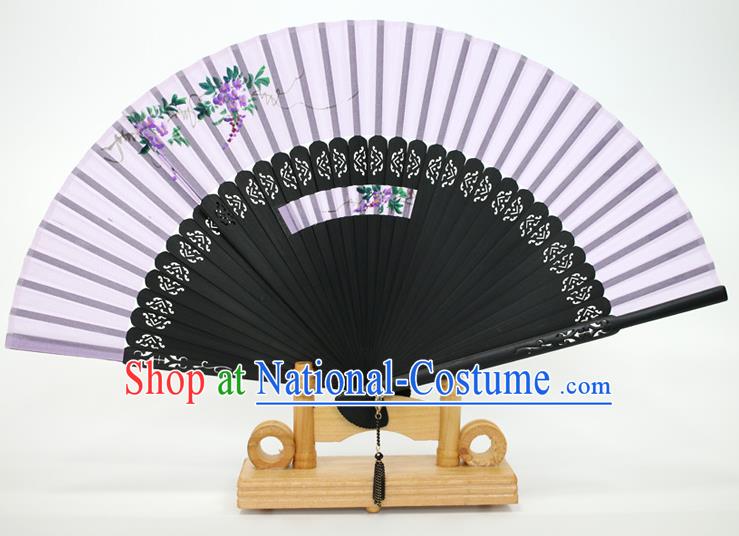 Chinese Traditional Artware Handmade Folding Fans Printing Wisteria Lilac Silk Fans Accordion