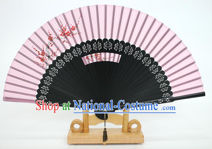 Chinese Traditional Artware Handmade Folding Fans Printing Plum Blossom Pink Silk Fans Accordion