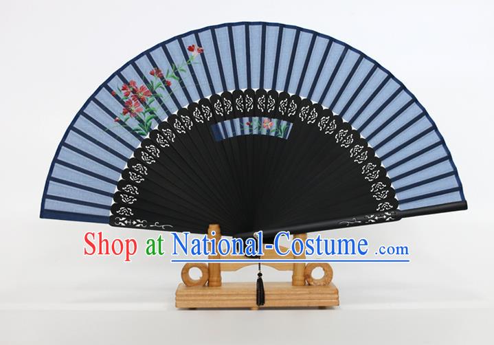 Chinese Traditional Artware Handmade Folding Fans Printing Flowers Blue Silk Fans Accordion