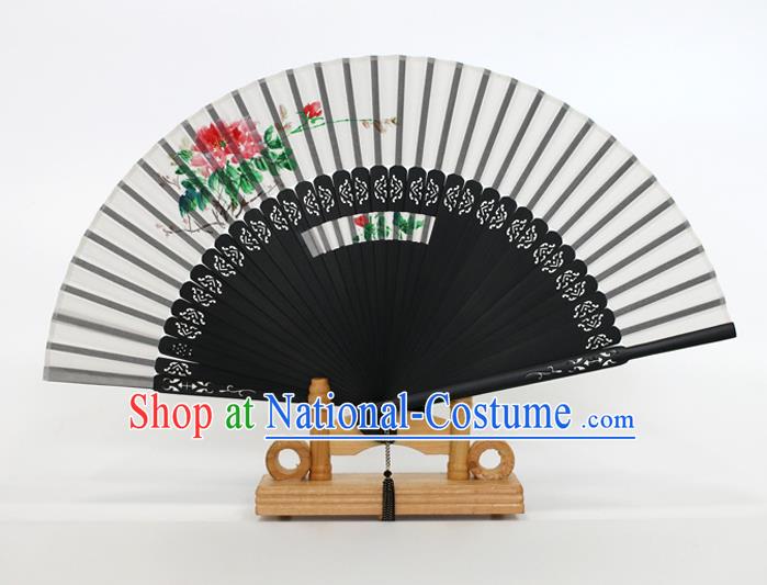 Chinese Traditional Artware Handmade Folding Fans Printing Flowers White Silk Fans Accordion