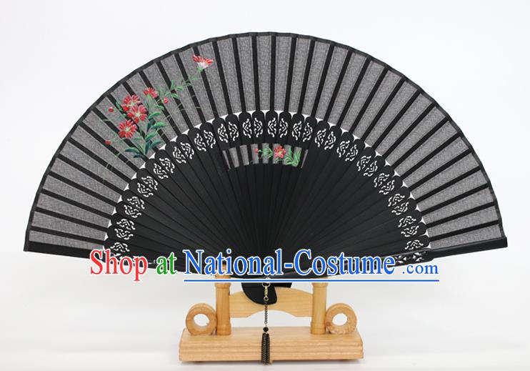 Chinese Traditional Artware Handmade Folding Fans Printing Flowers Black Silk Fans Accordion