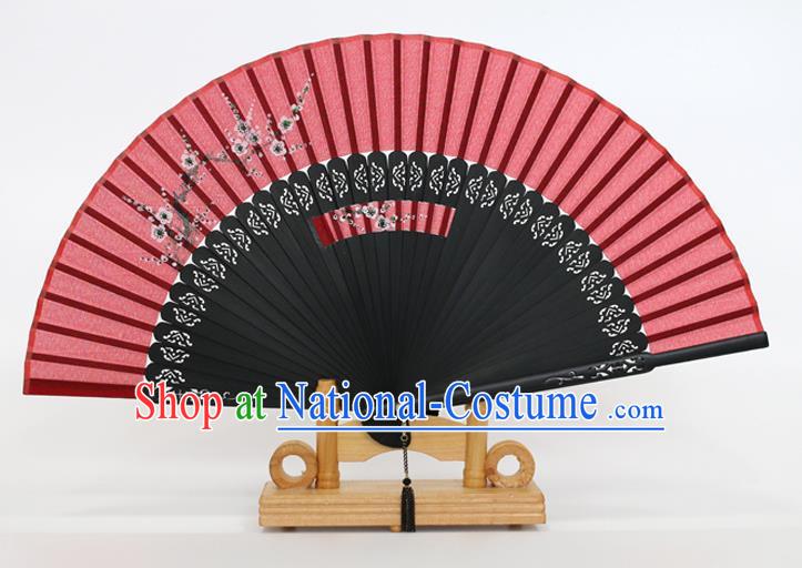 Chinese Traditional Artware Handmade Folding Fans Printing Plum Blossom Red Silk Fans Accordion