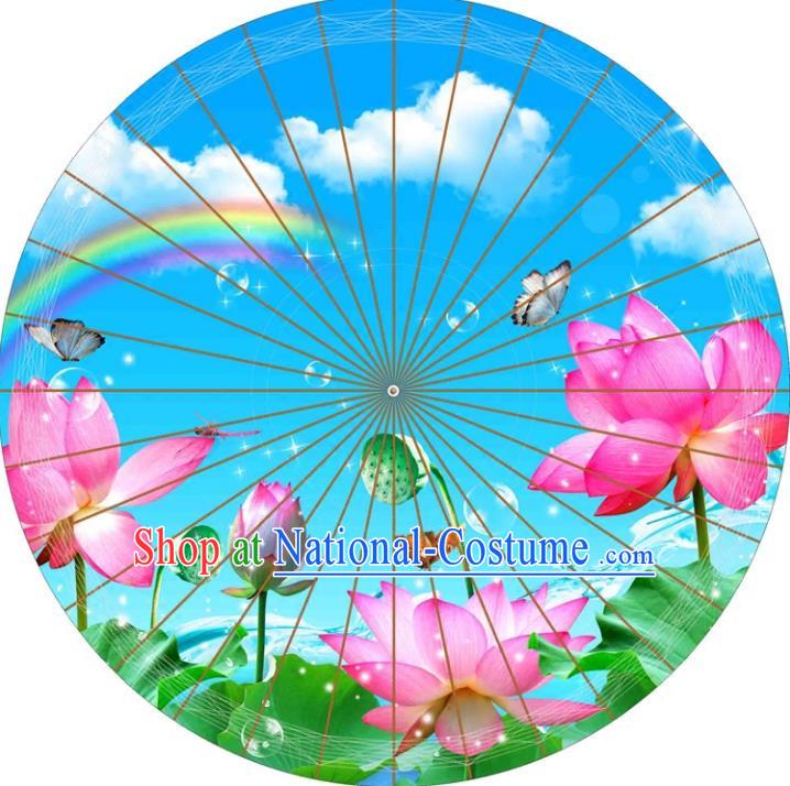 Chinese Traditional Artware Paper Umbrellas Printing Lotus Blue Oil-paper Umbrella Handmade Umbrella