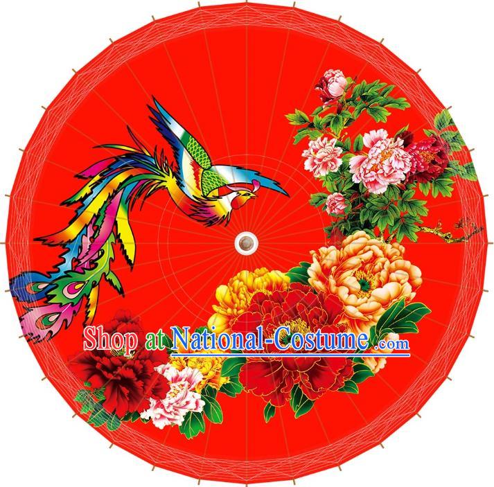 Chinese Traditional Artware Red Paper Umbrellas Printing Phoenix Peony Oil-paper Umbrella Handmade Umbrella