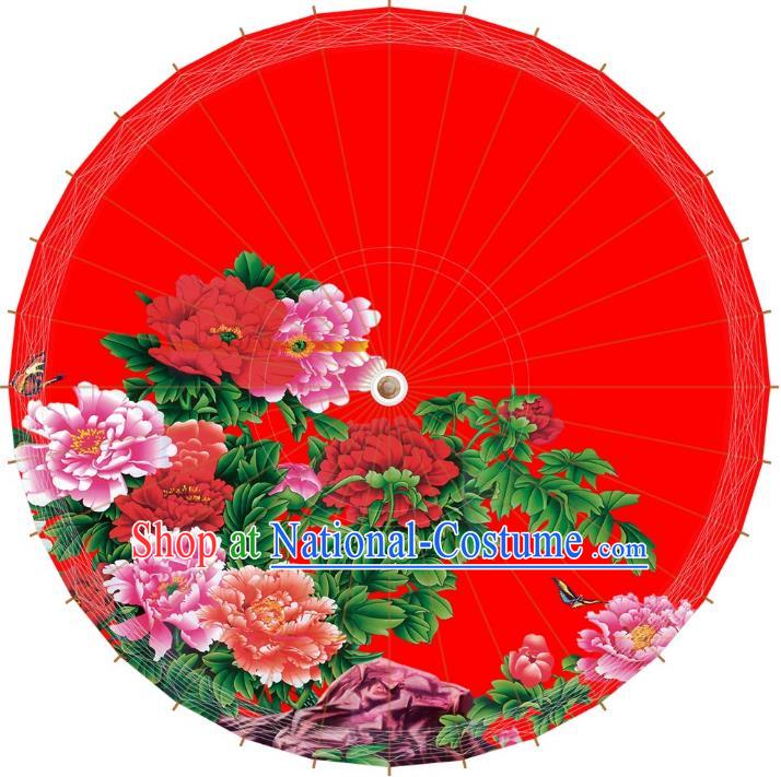 Chinese Traditional Artware Red Paper Umbrellas Printing Peony Flowers Wedding Oil-paper Umbrella Handmade Umbrella