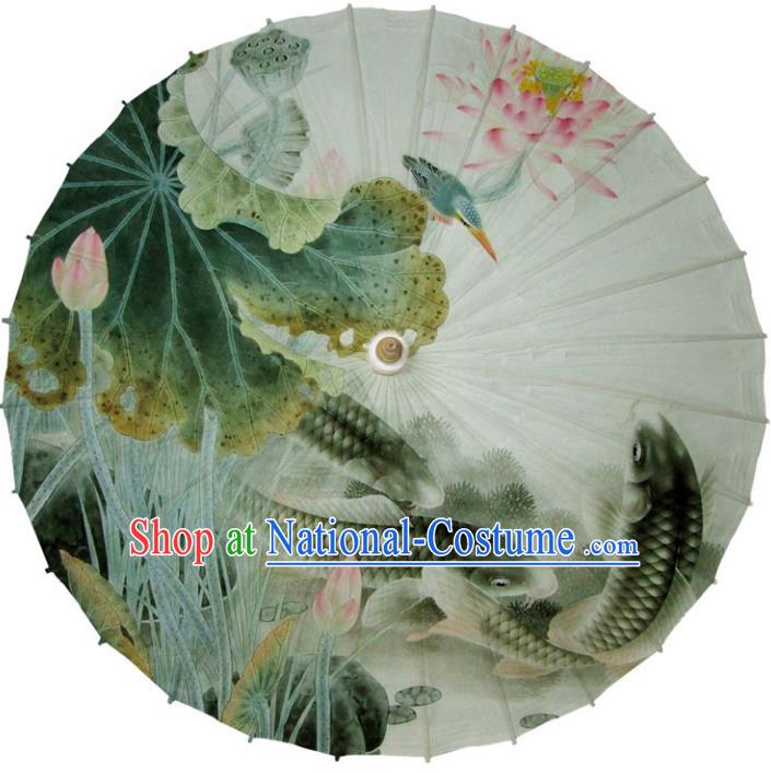 Chinese Traditional Artware White Paper Umbrellas Printing Lotus Fishes Oil-paper Umbrella Handmade Umbrella