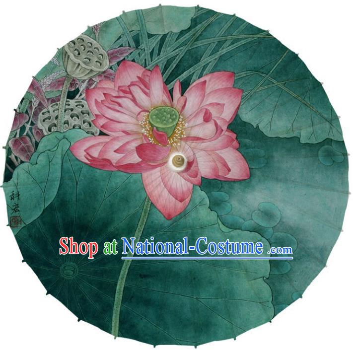 Chinese Traditional Artware Green Paper Umbrellas Printing Red Lotus Oil-paper Umbrella Handmade Umbrella