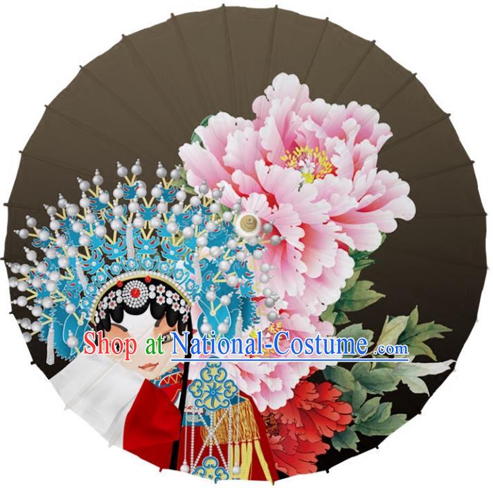 Chinese Traditional Artware Dance Umbrella Printing Peony Grey Paper Umbrellas Oil-paper Umbrella Handmade Umbrella