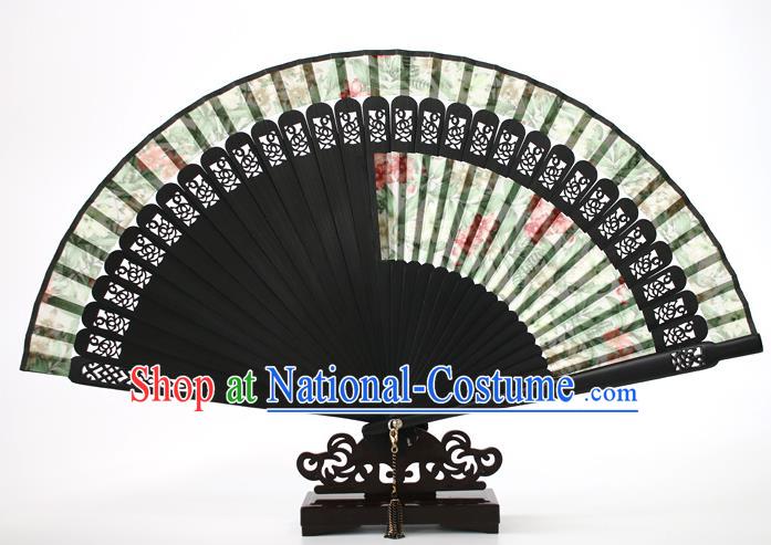 Chinese Traditional Artware Handmade Printing Folding Fans Green Silk Fans Accordion