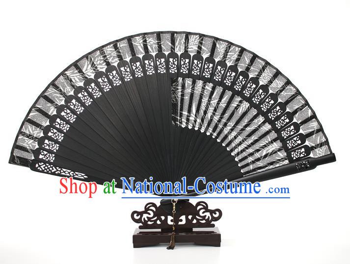 Chinese Traditional Artware Handmade Printing Bamboo Folding Fans Black Silk Fans Accordion