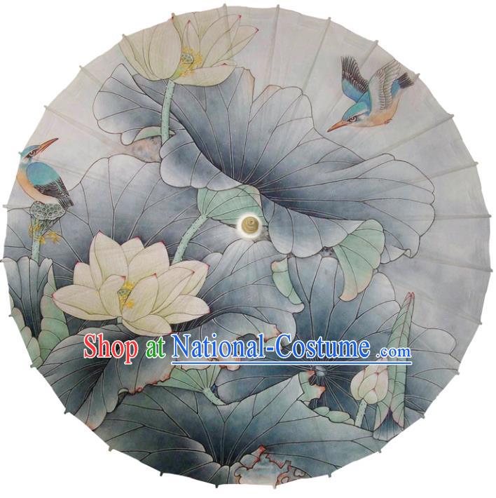 Chinese Traditional Artware Dance Umbrella Printing Lotus Grey Paper Umbrellas Oil-paper Umbrella Handmade Umbrella